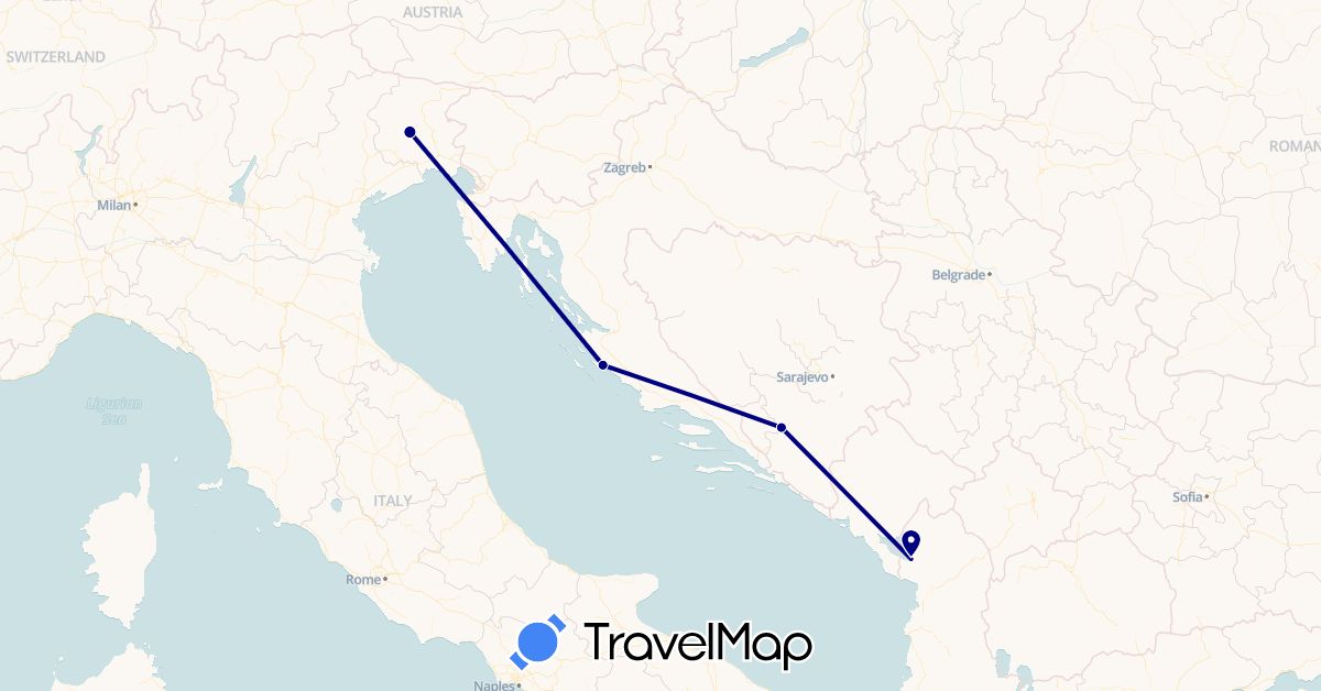 TravelMap itinerary: driving in Albania, Bosnia and Herzegovina, Croatia, Italy (Europe)